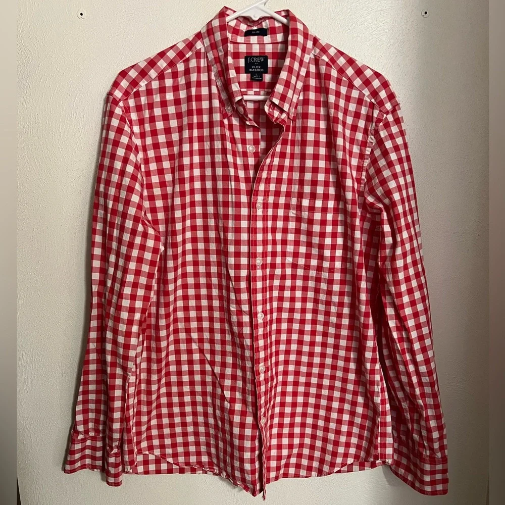 J CREW Slim Fit Flex Washed Red‎ and White Gingham Casual Button Down Men's Sz L